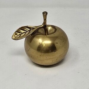 Vtg MCM solid brass apple hand bell gold fruit paperweight classroom decor